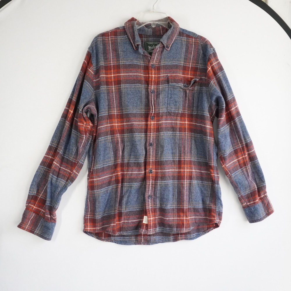 Woolrich Mens Blue Orange Plaid Organic Cotton Flannel Shirt Modern Fit L Cozy